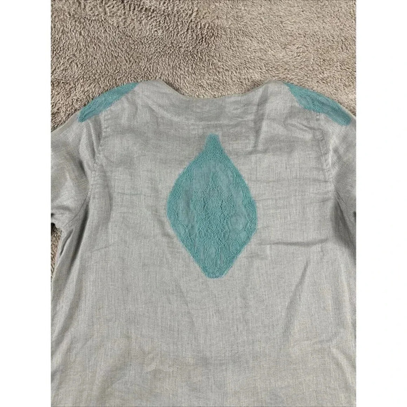 Soft Surroundings Linen Tunic Top Size L Gray Aqua Lace Boho 3/4 Sleeves - Picture 14 of 16